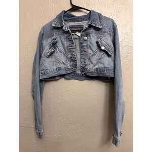Younique Womens Cropped Denim Jean Jacket Studded Beaded Embellished Y2K Sz Med